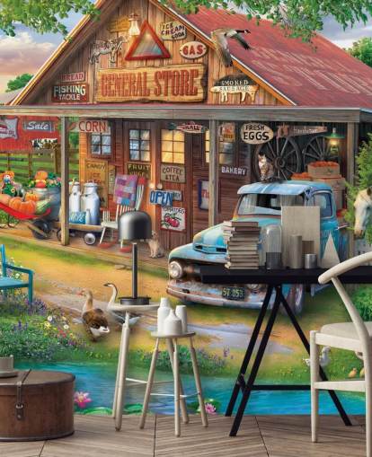 mural colorido y personalizable de papel pintado de una época pasada llamado Country Store de Eduard para residencias de ancianos
