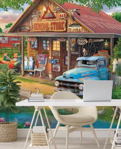 colourful customisable bygone era wallpaper mural called Country Store by Eduard for care homes colourful customisable bygone era wallpaper mural called Country Store by Eduard for care homes