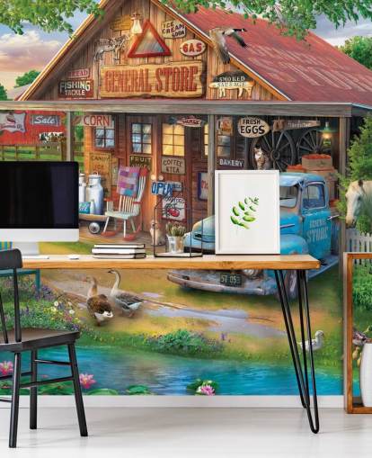colorful customizable bygone era wallpaper mural called Country Store by Eduard for care homes