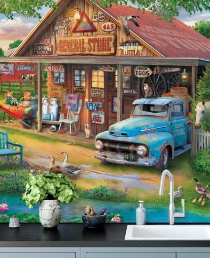 colourful customisable bygone era wallpaper mural called Country Store by Eduard for care homes colourful customisable bygone era wallpaper mural called Country Store by Eduard for care homes