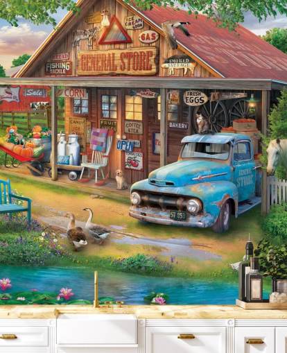 colorful customizable bygone era wallpaper mural called Country Store by Eduard for care homes