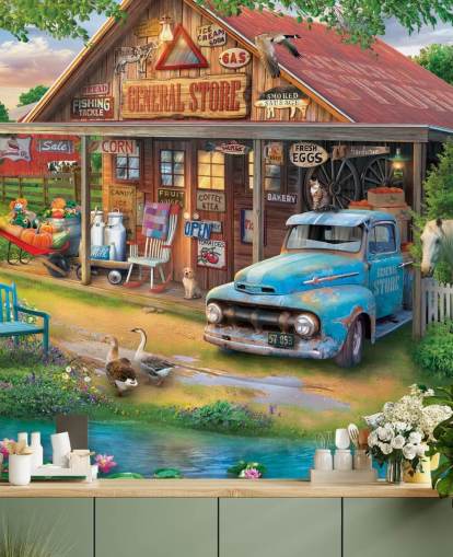 mural de papel de parede colorido personalizável da era passada chamado Country Store de Eduard para casas de repouso