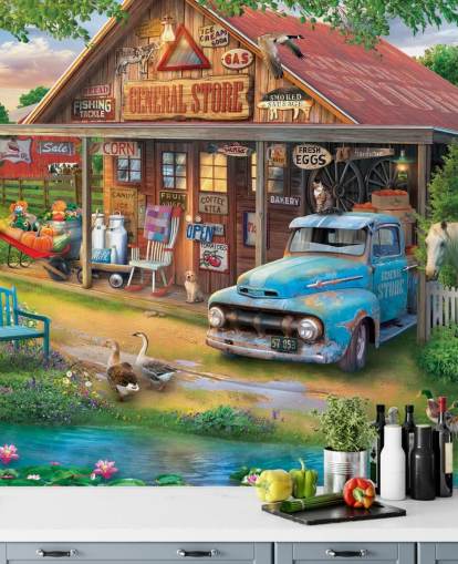 mural colorido y personalizable de papel pintado de una época pasada llamado Country Store de Eduard para residencias de ancianos