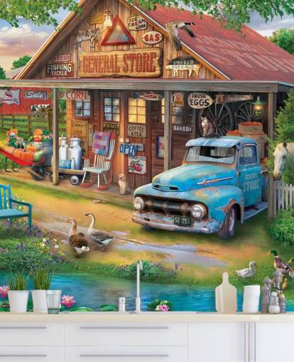 papier peint mural coloré et personnalisable d'époque révolue appelé Country Store par Eduard pour les maisons de retraite