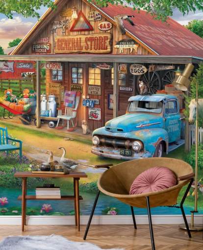mural colorido y personalizable de papel pintado de una época pasada llamado Country Store de Eduard para residencias de ancianos