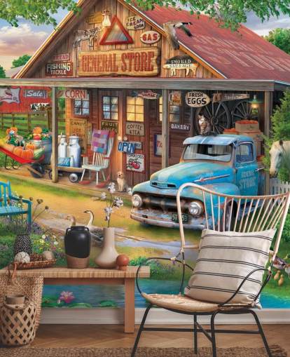 colourful customisable bygone era wallpaper mural called Country Store by Eduard for care homes