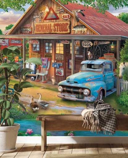 colorful customizable bygone era wallpaper mural called Country Store by Eduard for care homes
