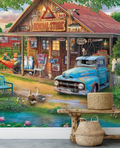 carta da parati murale colorata e personalizzabile di epoca passata chiamata Country Store di Eduard per case di cura