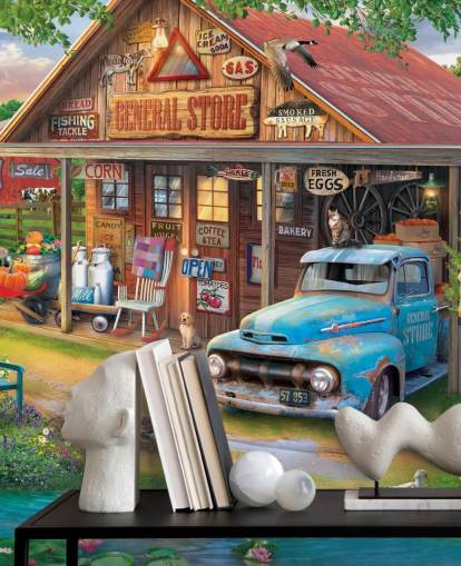 Buntes personalisierbares Tapeten-Wandbild aus vergangenen Zeiten namens Country Store von Eduard für Pflegeheime Buntes personalisierbares Tapeten-Wandbild aus vergangenen Zeiten namens Country Store von Eduard für Pflegeheime