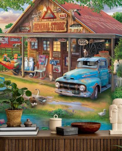 colorful customizable bygone era wallpaper mural called Country Store by Eduard for care homes