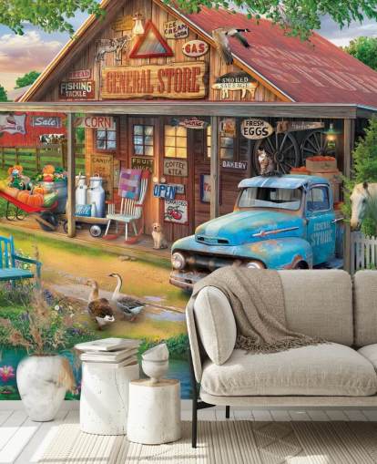 colourful customisable bygone era wallpaper mural called Country Store by Eduard for care homes
