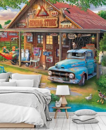 mural de papel de parede colorido personalizável da era passada chamado Country Store de Eduard para casas de repouso