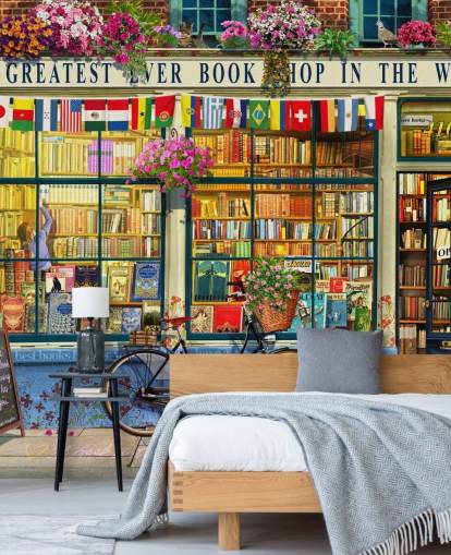 fargerikt tilpasset fasadetapet kalt Greatest Bookshop av Garry Walton for omsorgsboliger, skoler og biblioteker