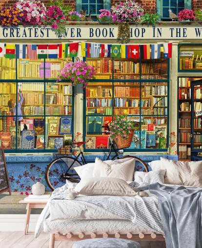 colorful custom facade wallpaper called Greatest Bookshop by Garry Walton for care homes, schools and libraries colorful custom facade wallpaper called Greatest Bookshop by Garry Walton for care homes, schools and libraries