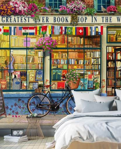farbenfrohe individuelle Fassadentapete namens Greatest Bookshop von Garry Walton für Pflegeheime, Schulen und Bibliotheken