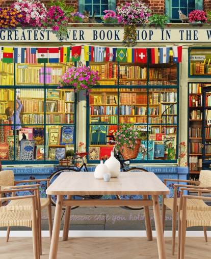 colorido papel pintado personalizado para fachadas llamado Greatest Bookshop de Garry Walton para residencias de ancianos, escuelas y bibliotecas