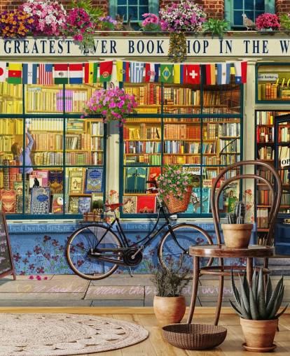 farbenfrohe individuelle Fassadentapete namens Greatest Bookshop von Garry Walton für Pflegeheime, Schulen und Bibliotheken
