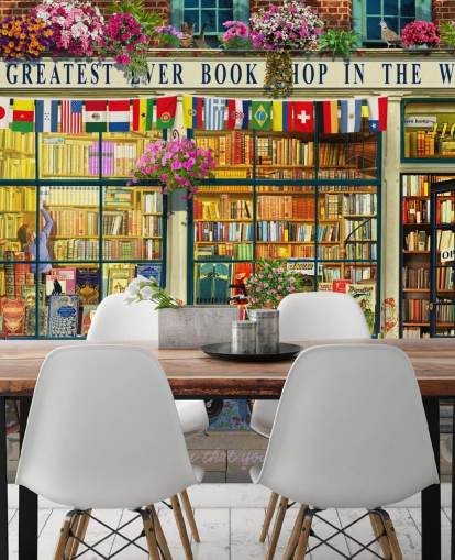 colourful custom facade wallpaper called Greatest Bookshop by Garry Walton for care homes, schools and libraries colourful custom facade wallpaper called Greatest Bookshop by Garry Walton for care homes, schools and libraries