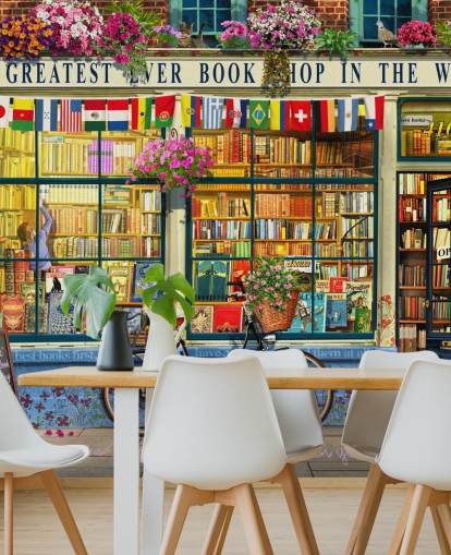 kleurrijk gevelbehang op maat genaamd Greatest Bookshop van Garry Walton voor verzorgingstehuizen, scholen en bibliotheken