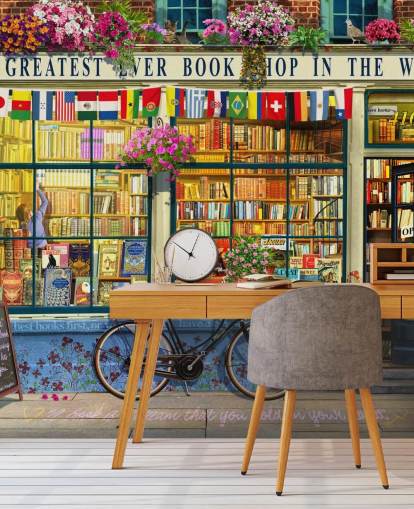 fargerikt tilpasset fasadetapet kalt Greatest Bookshop av Garry Walton for omsorgsboliger, skoler og biblioteker