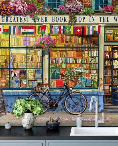 colorful custom facade wallpaper called Greatest Bookshop by Garry Walton for care homes, schools and libraries colorful custom facade wallpaper called Greatest Bookshop by Garry Walton for care homes, schools and libraries