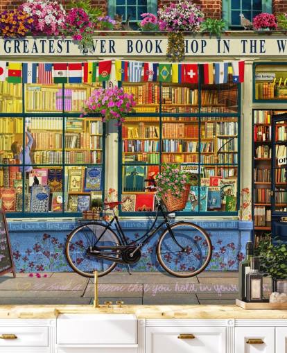 colorido papel pintado personalizado para fachadas llamado Greatest Bookshop de Garry Walton para residencias de ancianos, escuelas y bibliotecas