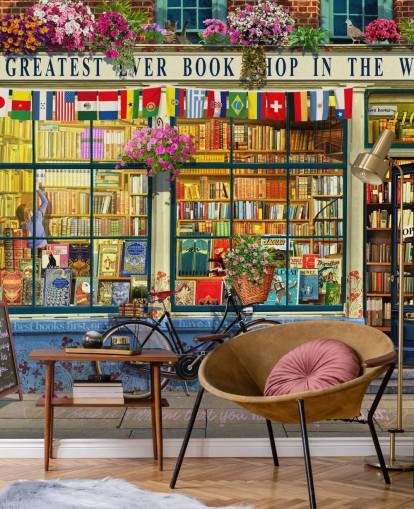 colourful custom facade wallpaper called Greatest Bookshop by Garry Walton for care homes, schools and libraries colourful custom facade wallpaper called Greatest Bookshop by Garry Walton for care homes, schools and libraries