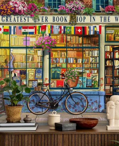 colorido papel pintado personalizado para fachadas llamado Greatest Bookshop de Garry Walton para residencias de ancianos, escuelas y bibliotecas