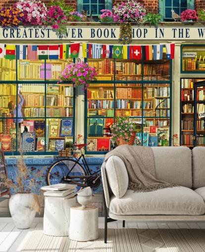 colorido papel pintado personalizado para fachadas llamado Greatest Bookshop de Garry Walton para residencias de ancianos, escuelas y bibliotecas colorido papel pintado personalizado para fachadas llamado Greatest Bookshop de Garry Walton para residencias de ancianos, escuelas y bibliotecas
