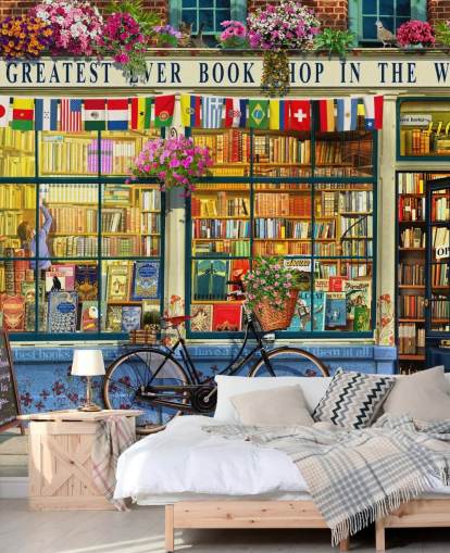 colorful custom facade wallpaper called Greatest Bookshop by Garry Walton for care homes, schools and libraries