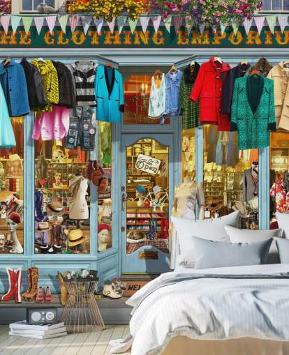 colorful custom facade wallpaper mural called The Clothing Emporium II by Garry Walton for care homes
