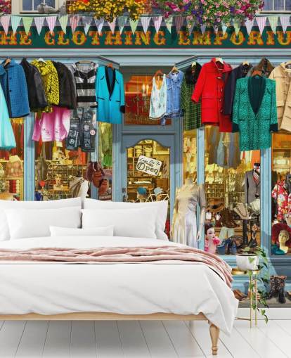 colorido mural de papel pintado personalizado para fachadas llamado The Clothing Emporium II de Garry Walton para residencias de ancianos