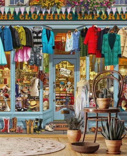 colorful custom facade wallpaper mural called The Clothing Emporium II by Garry Walton for care homes