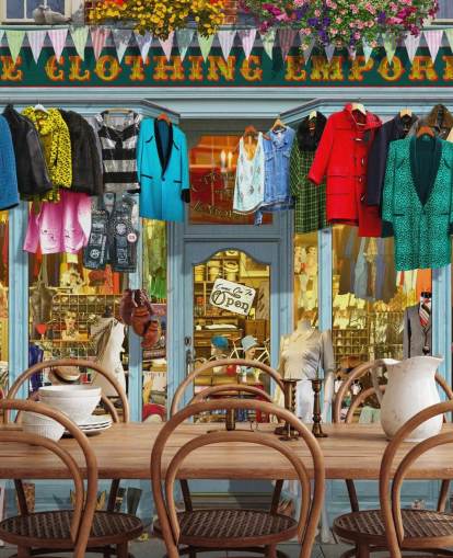 colorful custom facade wallpaper mural called The Clothing Emporium II by Garry Walton for care homes colorful custom facade wallpaper mural called The Clothing Emporium II by Garry Walton for care homes