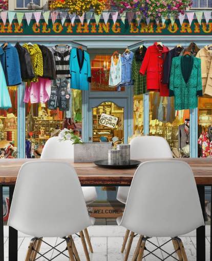 colorido mural de papel pintado personalizado para fachadas llamado The Clothing Emporium II de Garry Walton para residencias de ancianos