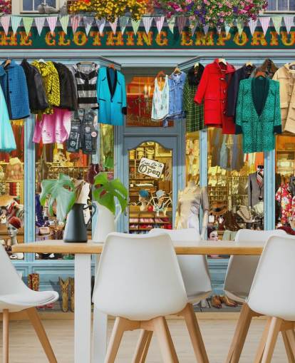 colorful custom facade wallpaper mural called The Clothing Emporium II by Garry Walton for care homes