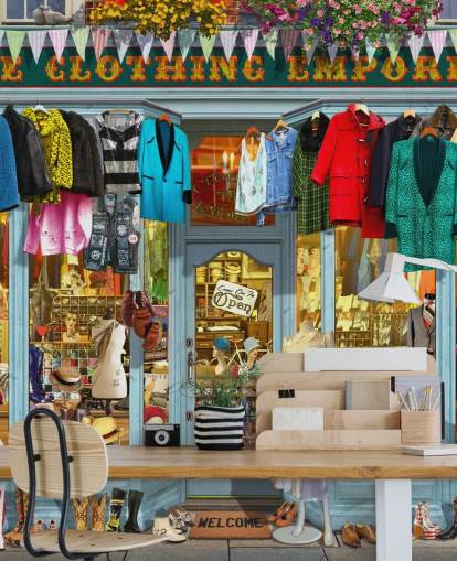 colorful custom facade wallpaper mural called The Clothing Emporium II by Garry Walton for care homes