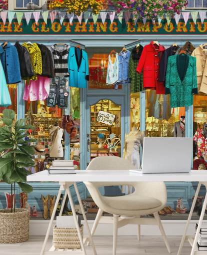 colorido mural de papel pintado personalizado para fachadas llamado The Clothing Emporium II de Garry Walton para residencias de ancianos