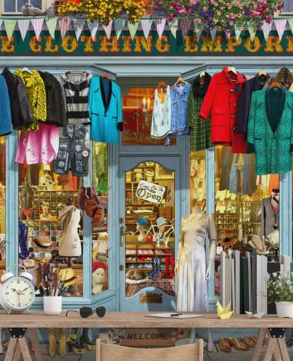 colorful custom facade wallpaper mural called The Clothing Emporium II by Garry Walton for care homes colorful custom facade wallpaper mural called The Clothing Emporium II by Garry Walton for care homes