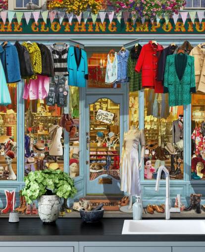 colorful custom facade wallpaper mural called The Clothing Emporium II by Garry Walton for care homes