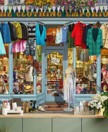 papier peint mural coloré de façade personnalisé appelé The Clothing Emporium II par Garry Walton pour les maisons de retraite