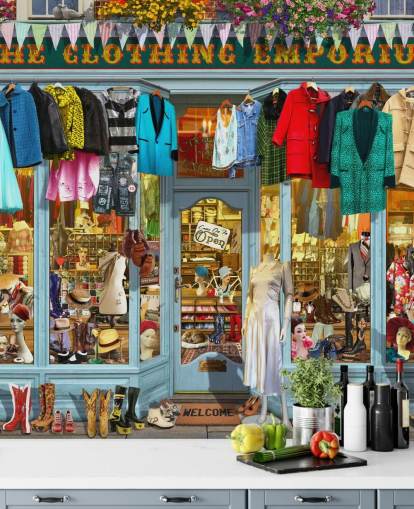 colorful custom facade wallpaper mural called The Clothing Emporium II by Garry Walton for care homes