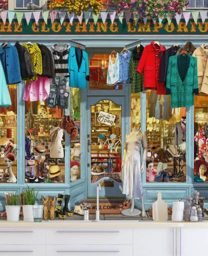 colorful custom facade wallpaper mural called The Clothing Emporium II by Garry Walton for care homes