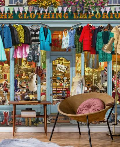 colorful custom facade wallpaper mural called The Clothing Emporium II by Garry Walton for care homes