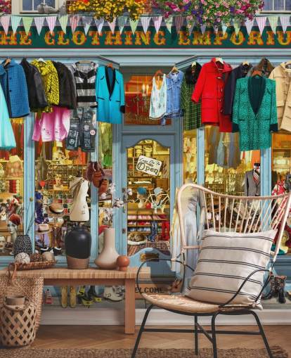 colorful custom facade wallpaper mural called The Clothing Emporium II by Garry Walton for care homes