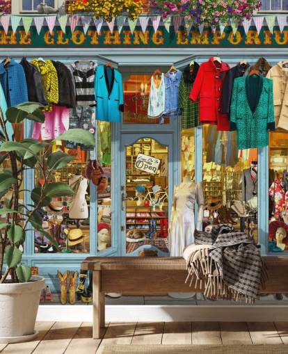 mural colorido de papel de parede de fachada personalizado chamado The Clothing Emporium II de Garry Walton para casas de repouso mural colorido de papel de parede de fachada personalizado chamado The Clothing Emporium II de Garry Walton para casas de repouso