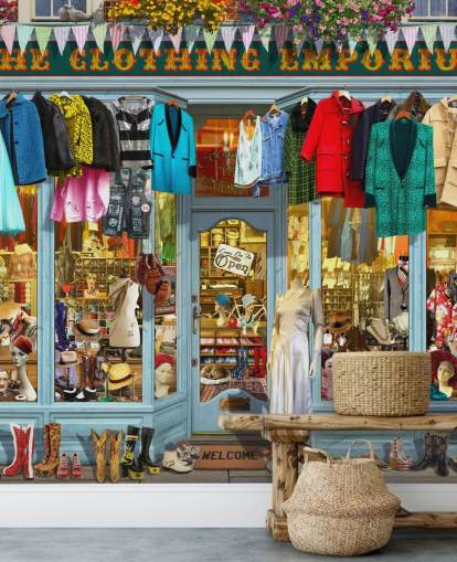 colorful custom facade wallpaper mural called The Clothing Emporium II by Garry Walton for care homes colorful custom facade wallpaper mural called The Clothing Emporium II by Garry Walton for care homes