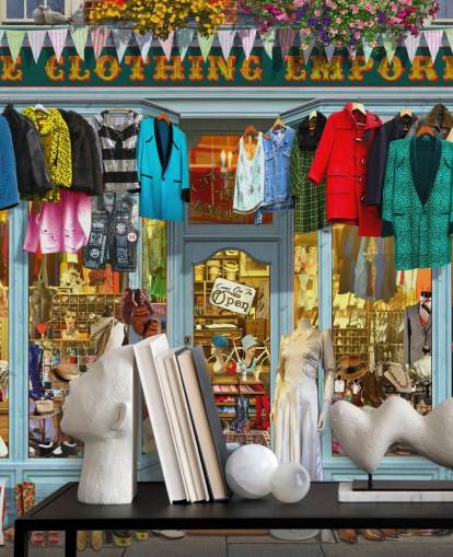 kleurrijke gevelbehangmuurschildering op maat genaamd The Clothing Emporium II van Garry Walton voor verzorgingstehuizen