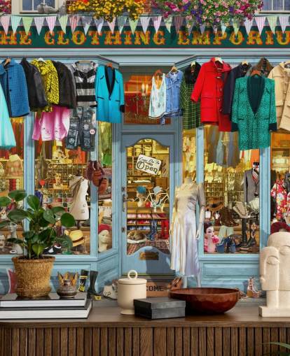 colorido mural de papel pintado personalizado para fachadas llamado The Clothing Emporium II de Garry Walton para residencias de ancianos colorido mural de papel pintado personalizado para fachadas llamado The Clothing Emporium II de Garry Walton para residencias de ancianos