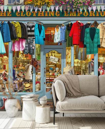 papier peint mural coloré de façade personnalisé appelé The Clothing Emporium II par Garry Walton pour les maisons de retraite papier peint mural coloré de façade personnalisé appelé The Clothing Emporium II par Garry Walton pour les maisons de retraite